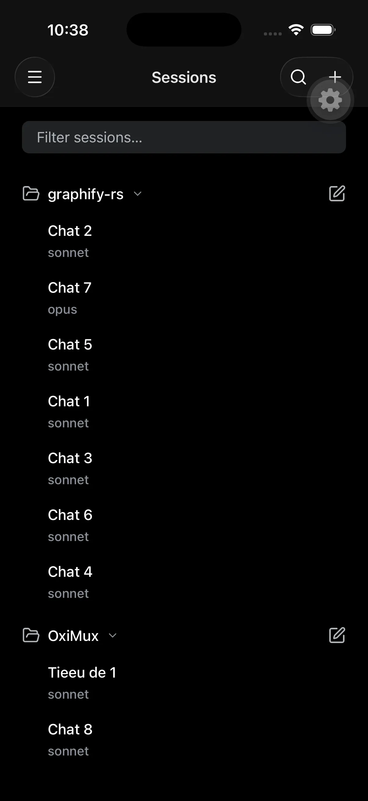 The OxiMux phone client showing sessions from the paired desktop, grouped by repository.