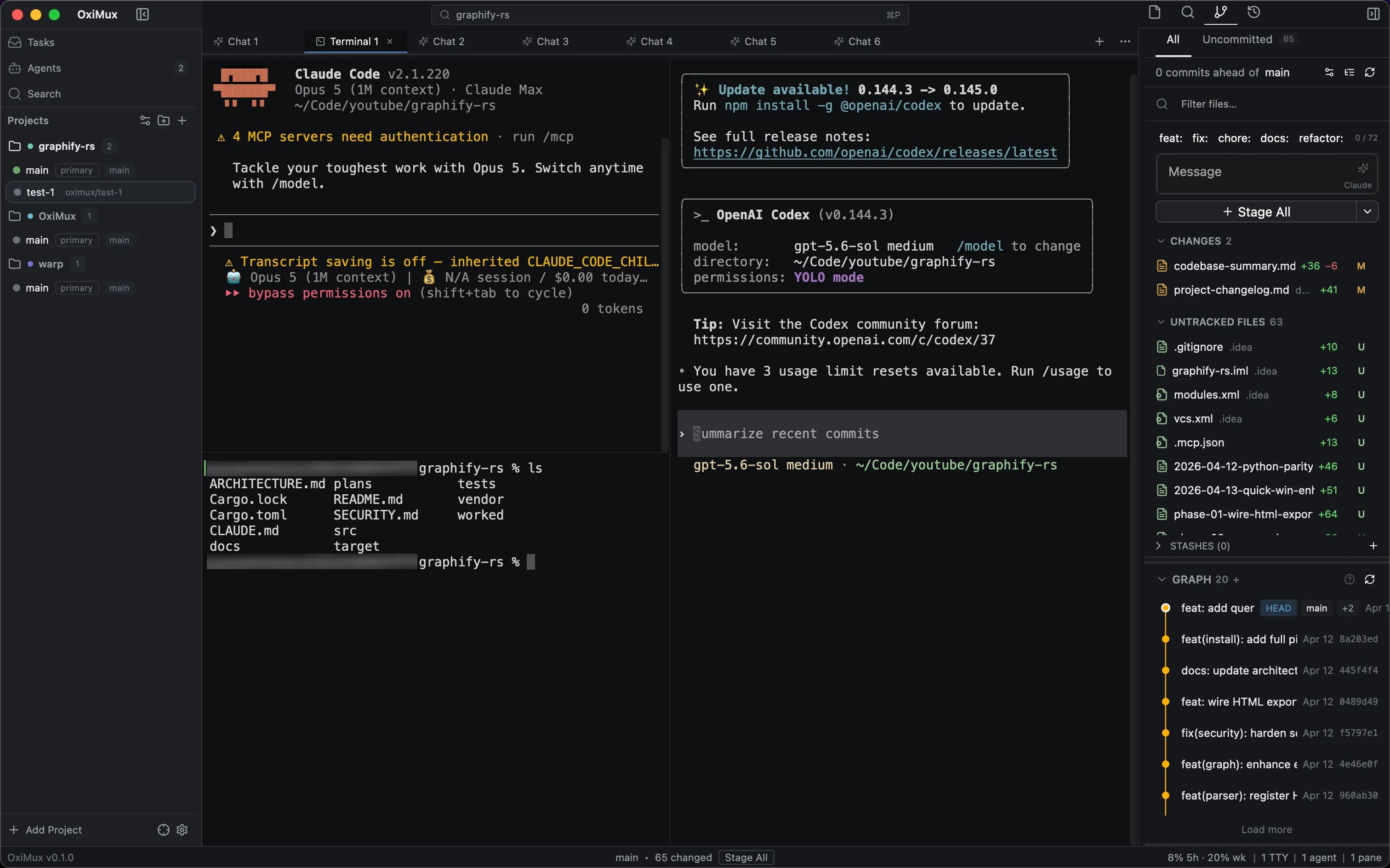 The project rail showing a repository with its primary checkout and an isolated oximux/test-1 worktree, with two coding agents running side by side in split panes.